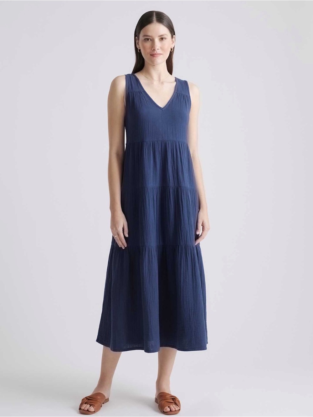 Quince Sleeveless Navy V-Neck Tiered Maxi Dress
